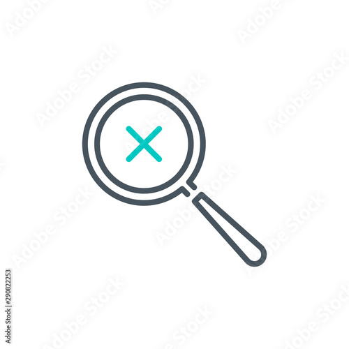 close error X with magnifier glass outline flat icon. Single quality outline logo search symbol for web design or mobile app. Thin line design logo sign. Loupe lens icon isolated on white background.