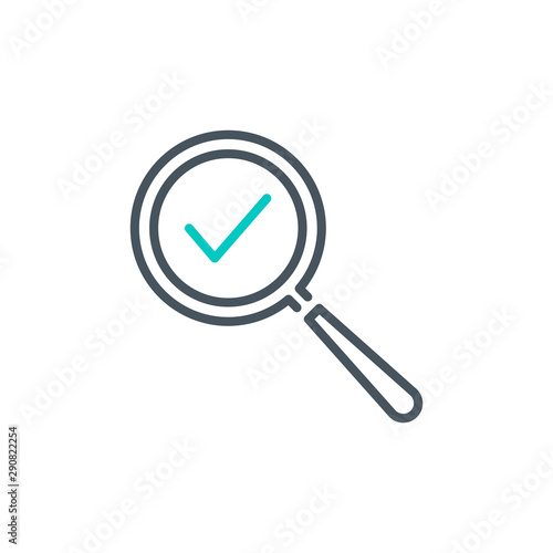 done check mark with magnifier glass outline flat icon. Single quality outline logo search symbol for web design or mobile app. Thin line design logo sign. Loupe lens icon isolated on white background