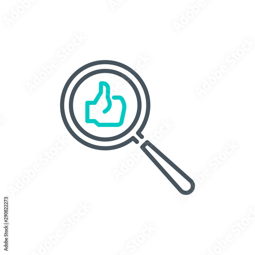 good thumbs up with magnifier glass outline flat icon. Single quality outline logo search symbol for web design or mobile app. Thin line design logo sign. Loupe lens icon isolated on white background.