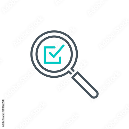 done check mark with magnifier glass outline flat icon. Single quality outline logo search symbol for web design or mobile app. Thin line design logo sign. Loupe lens icon isolated on white background