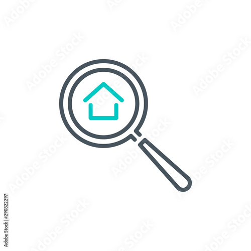 realtor house with magnifier glass outline flat icon. Property For Sale Single quality outline logo search symbol for web design mobile app. Thin line design logo. Loupe lens icon isolated on white