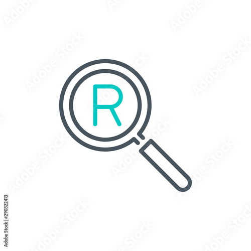 Registered protect with magnifier glass outline flat icon. Single quality outline logo search symbol for web design mobile app. Thin line design logo sign. Loupe lens icon isolated on white background