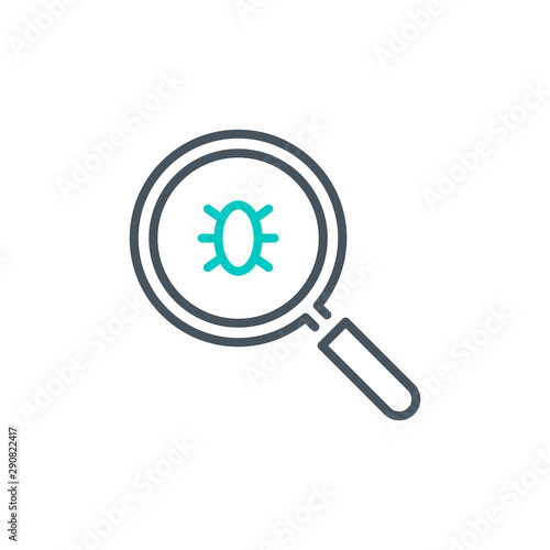 computer virus bug with magnifier glass outline flat icon. Single quality outline logo search symbol for web design mobile app. Thin line design virus bug logo sign. Loupe lens icon isolated on white