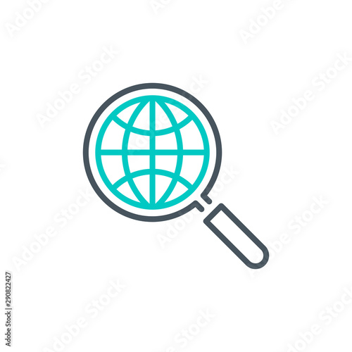 Internet network planet with magnifier glass outline flat icon. Single quality outline logo search symbol for web design mobile app. Thin line design logo sign. Loupe lens icon isolated on white