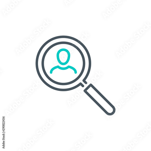 HR headhunter recruiter with magnifier glass outline flat icon. Single quality outline logo search symbol for web design mobile app. Thin line design logo. Loupe lens icon isolated on white background
