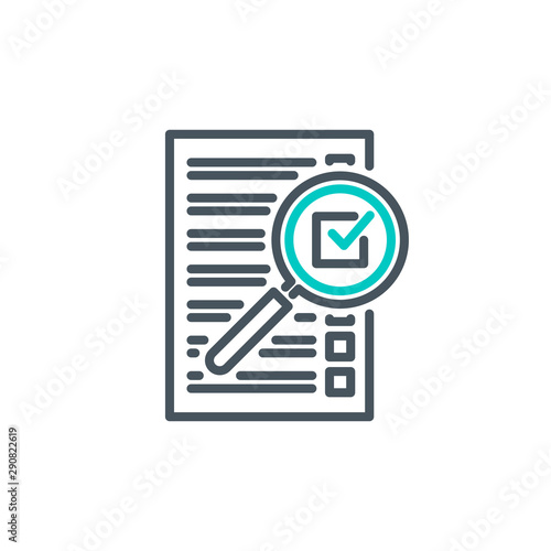 check box list page with magnifier glass outline flat icon. Single quality outline logo search symbol for web design mobile app. Thin line design logo sign Loupe lens icon isolated on white background