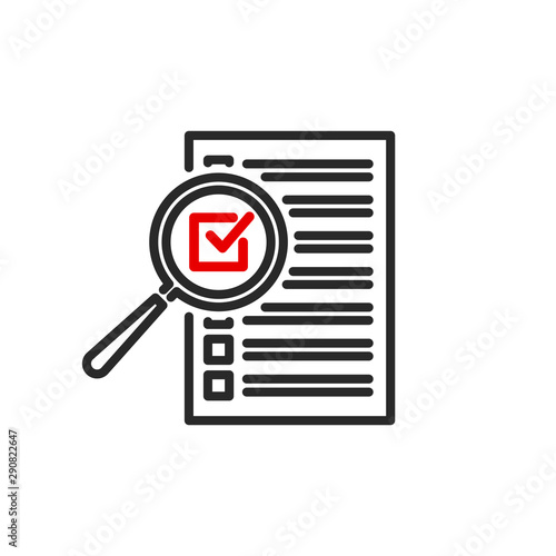 check box list page with magnifier glass outline flat icon. Single quality outline logo search symbol for web design mobile app. Thin line design logo sign Loupe lens icon isolated on white background