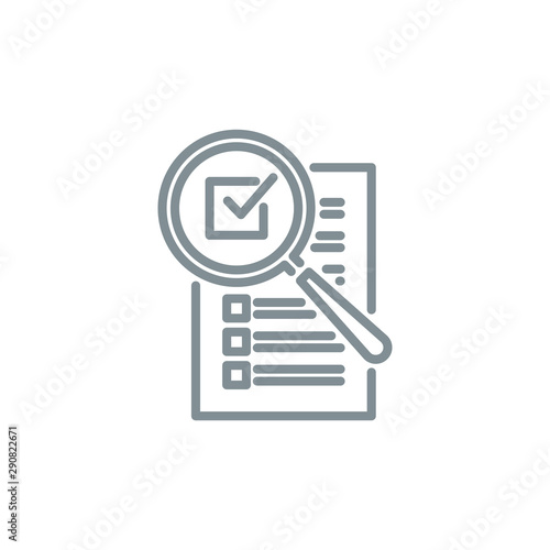 check box list page with magnifier glass outline flat icon. Single quality outline logo search symbol for web design mobile app. Thin line design logo sign Loupe lens icon isolated on white background
