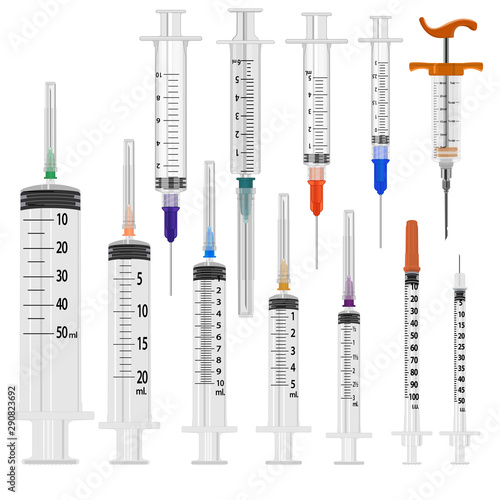Set of medical disposable syringes of different size, scope and purpose