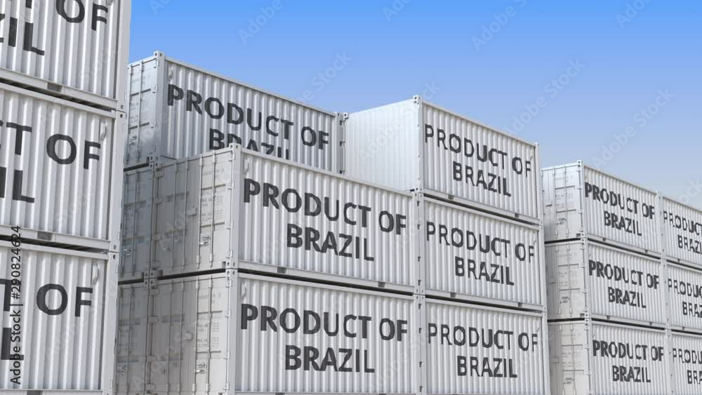 Containers with PRODUCT OF BRAZIL text in a container terminal ...