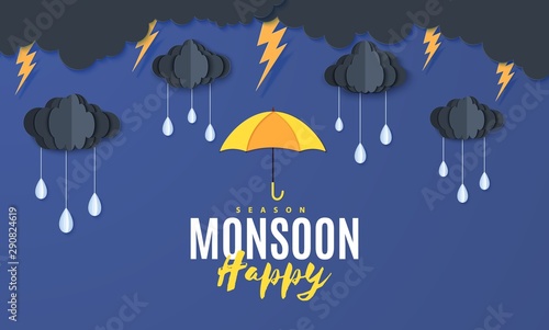 Rain umbrella and clouds in the paper cut style. Vector storm weather concept with thunderstorm falling water drops from the cloudy night sky. Monsoon sale storm horizontal banner template.