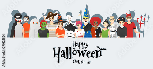 Happy Halloween , group of teens in Halloween costume concept standing together on white background , vector, illustration