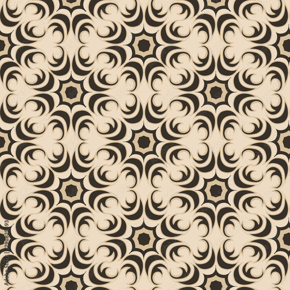Seamless vector texture of floral and abstract round shape black color elements on brown backdrop. Design for tiles and packaging, curtains. Seamless vector texture of floral and abstract round shape black color elements on brown backdrop. Design for tiles and packaging, curtains.