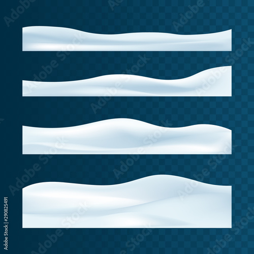 Realistic snowdrifts collection. Winter snowy abstract background. Frozen landscape with snow caps. Decoration for Christmas or New Year. Vector illustration.