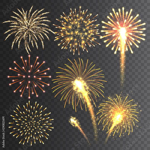 Festive fireworks collection. Realistic colorful firework on transparent background. Multicolored explosion. Christmas or New Year greeting card element. Vector illustration.