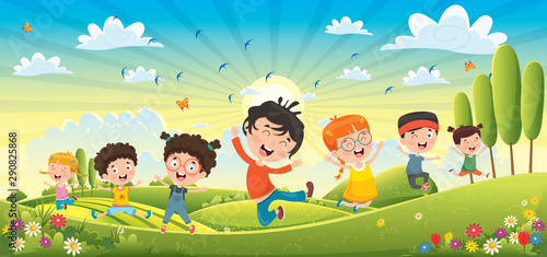 Children Having Fun At Spring Landscape
