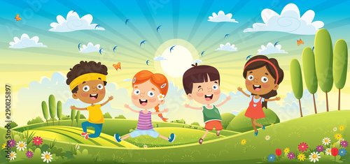 Children Having Fun At Spring Landscape