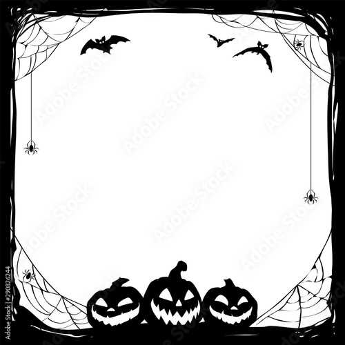 Halloween black frame with bats and Jack O' Lanterns. Vector poster illustration.