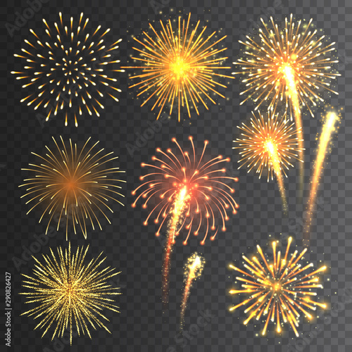 Festive fireworks collection. Realistic colorful firework on transparent background. Multicolored explosion. Christmas or New Year greeting card element. Vector illustration.