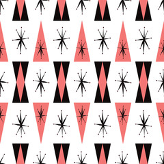 Keuken achterwand Jaren 50 patronen Atomic sterrenpatroon zwart wit koraalroze  © Lori Krout Design