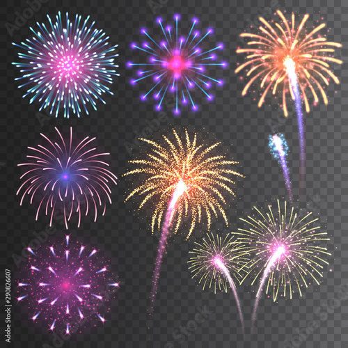 Festive fireworks collection. Realistic colorful firework on transparent background. Multicolored explosion. Christmas or New Year greeting card element. Vector illustration.