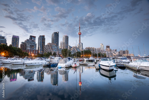 Toronto city skyline at night from harbourfront, Ontario, Canada
