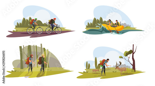 Tourists in wild nature vector illustrations set