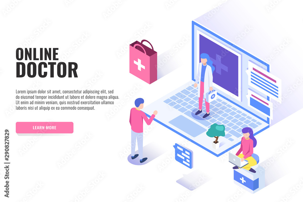Online doctor concept. Patient and female doctor. Web banner, infographics. Vector illustration.