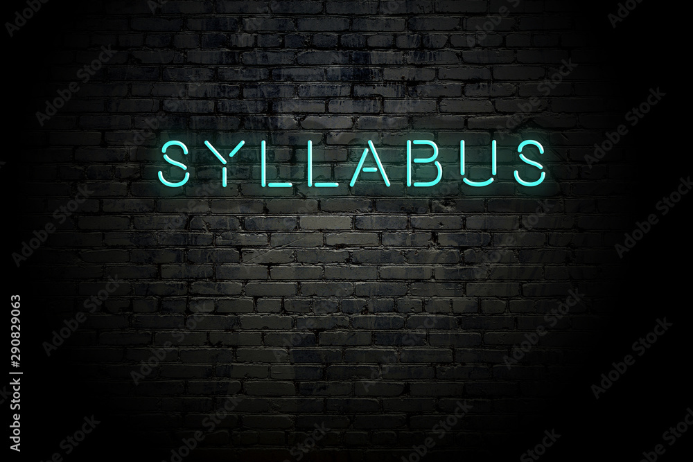 Wall Mural Highlighted brick wall with neon inscription syllabus