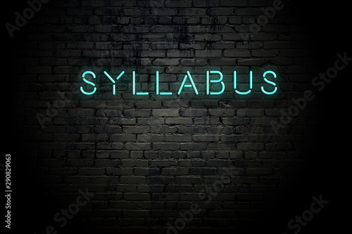 Highlighted brick wall with neon inscription syllabus photo