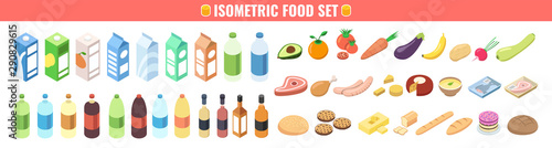 Gastronomy icons set in isometric 3d style. Food and drinks isolated on white background. Isometric vector illustration.