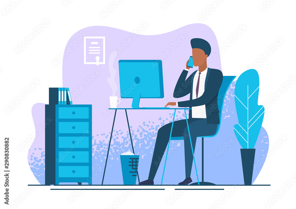 Young man working at workplace. Businessman at workplace. Bank employee. Vector illustration Young man working at workplace. Businessman at workplace. Bank employee. Vector illustration