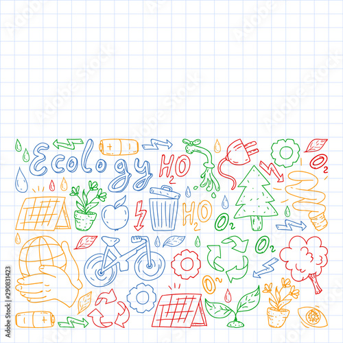 Vector logo, design and badge in trendy drawing style - zero waste concept, recycle and reuse, reduce - ecological lifestyle and sustainable developments icons. colorful. drawing on squared notebook.