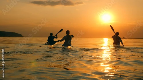 Backside view of rowers paddling at sunset photo