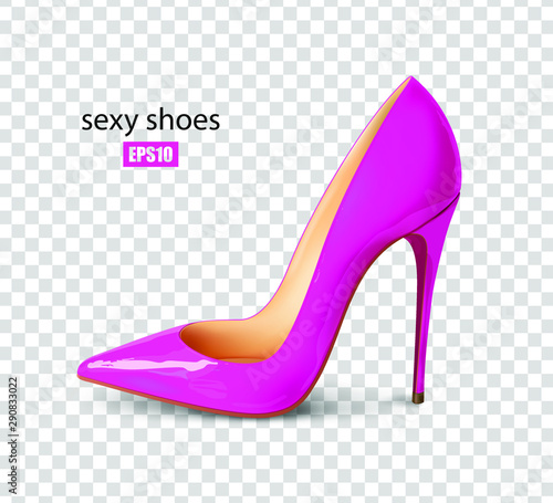 Beautiful female pink shoes on a transparent background, sexy shoes, classic. High-heeled shoes, patent leather shoes, fuchsia color. 3D effect. Vector illustration. EPS10