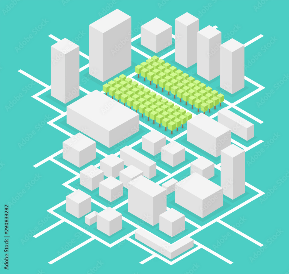 City isometric map, consisting of city skyscrapers block, trees and roads. Vector illustration. City isometric map, consisting of city skyscrapers block, trees and roads. Vector illustration.