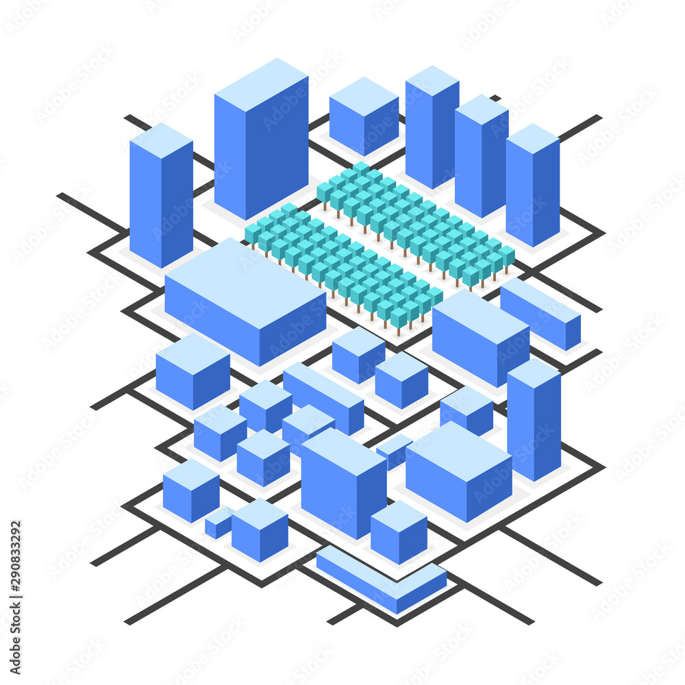 City isometric map, consisting of city skyscrapers block, trees and roads. Vector illustration. City isometric map, consisting of city skyscrapers block, trees and roads. Vector illustration.