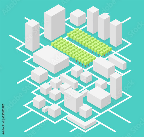 City isometric map, consisting of city skyscrapers block, trees and roads. Vector illustration.
