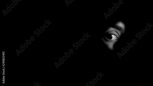 Eye of frightened crime witness looking through keyhole, life treatment, closeup