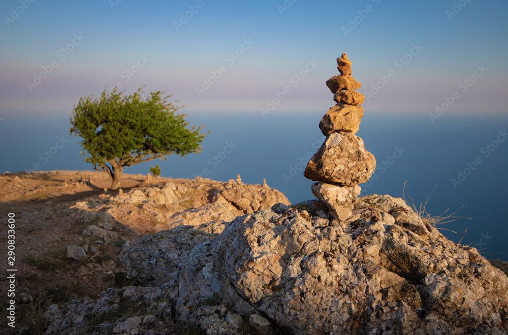 A lonely tree on a mountain, an object of stones. Sea view and blue sky. A lonely tree on a mountain, an object of stones. Sea view and blue sky.
