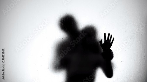 Silhouette of lovers couple hugging and kissing in shower, intimate relationship photo