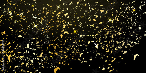 Falling shiny particles, Golden Confetti, stars, gold glitter texture isolated on black transparent background. Confetti particles flying in the air. Holiday Decorative tinsel element for Design