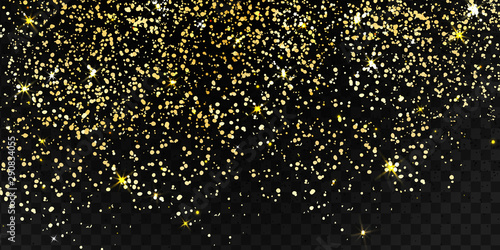 Falling shiny particles, Golden Confetti, stars, gold glitter texture isolated on black transparent background. Confetti particles flying in the air. Holiday Decorative tinsel element for Design