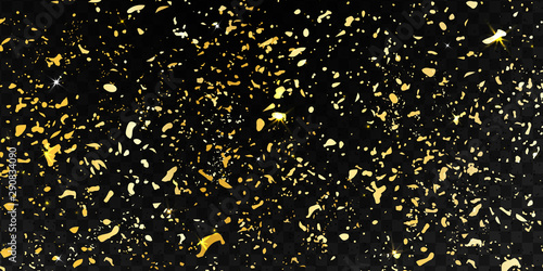 Falling shiny particles, Golden Confetti, stars, gold glitter texture isolated on black transparent background. Confetti particles flying in the air. Holiday Decorative tinsel element for Design