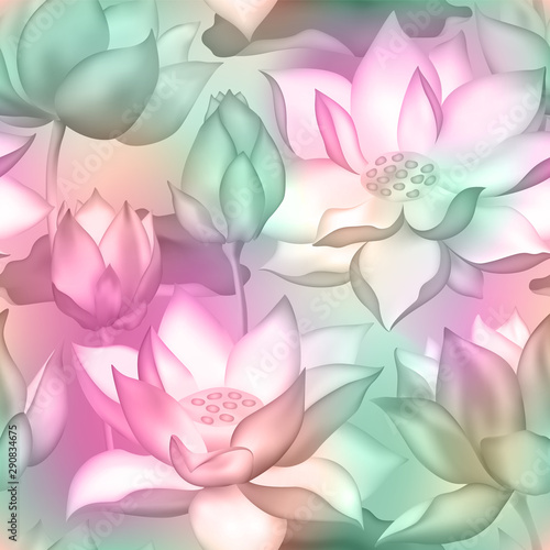 Water lilly nelumbo aquatic plant packaging design. Lotus buds and flowers seamless background.