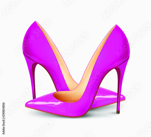 A pair of beautiful female shoes on a white background, sexy shoes, classic. High-heeled shoes, patent leather shoes. 3D effect. Vector illustration. EPS10
