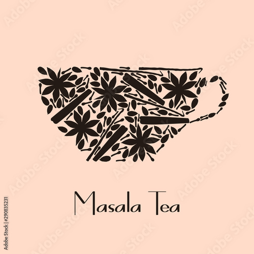 Vector tea cup consists of spices with Masala Tea text sign. Cup concept with spice silhouettes. Fully editable file for a cards, posters, packaging design and your own projects.