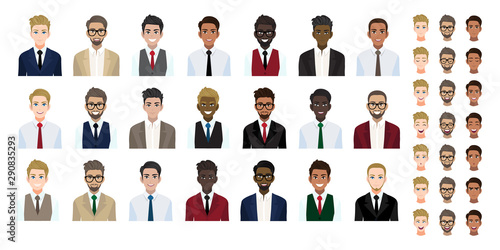 Naklejka Businessman cartoon character head collection set. Handsome business man in office style on white background. Flat vector illustration