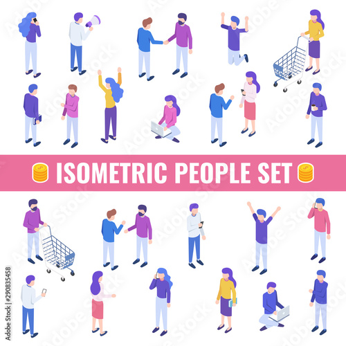 Big isometric people set. Characters isolated on white background. Vector illustration.