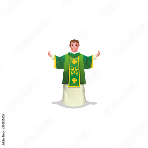Catholic priest in green long cassock vector illustration